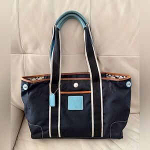 Coach Hamptons Nylon Tote Bag with blue leather trim